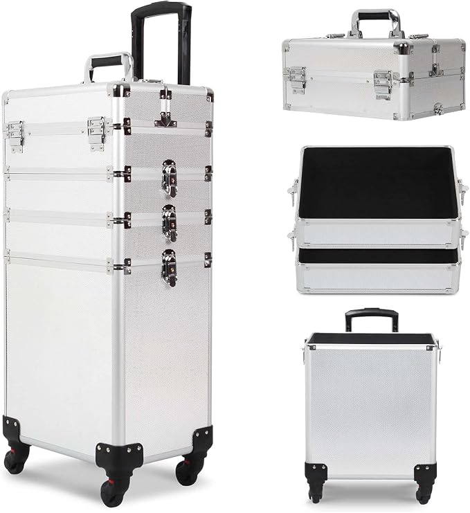 4 in 1 Rolling Makeup Train Case, Large Storage Cosmetic Trolley Makeup Travel Case with Key & Wheels Salon Barber Case Traveling Cart Trunk (SILVER) by CAMORSA
