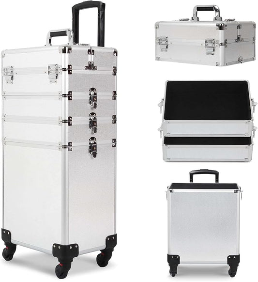 4 in 1 Rolling Makeup Train Case, Large Storage Cosmetic Trolley Makeup Travel Case with Key & Wheels Salon Barber Case Traveling Cart Trunk (SILVER) by CAMORSA