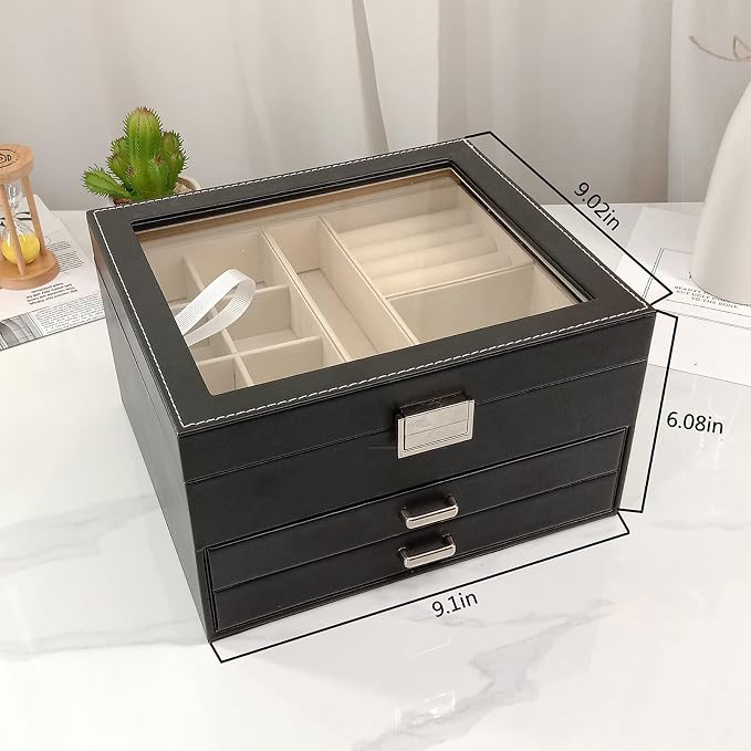 BOOVO Clear Lid Jewelry Box,3 Layers Jewelry Organizer Large Jewelry Storage Box with 2 Drawers,Jewelry Holder Organzier of Rings Earrings Necklace Bracelets for Women (Black, 3 Layer) - Image 6