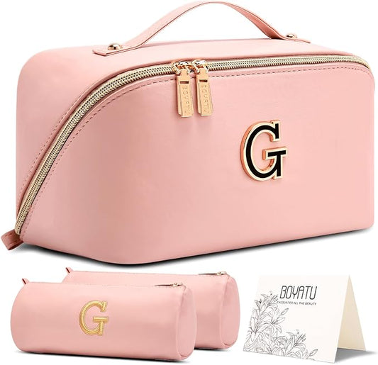 BOYATU Personalized Travel Makeup Bag: 3-in-1 Cosmetic Bag Gift for Women | Initial Make up Bag Organizer - Custom Letters A-Z - Flat Open Portable Toiletry Bag for Birthday Graduation Anniversary by BOYATU