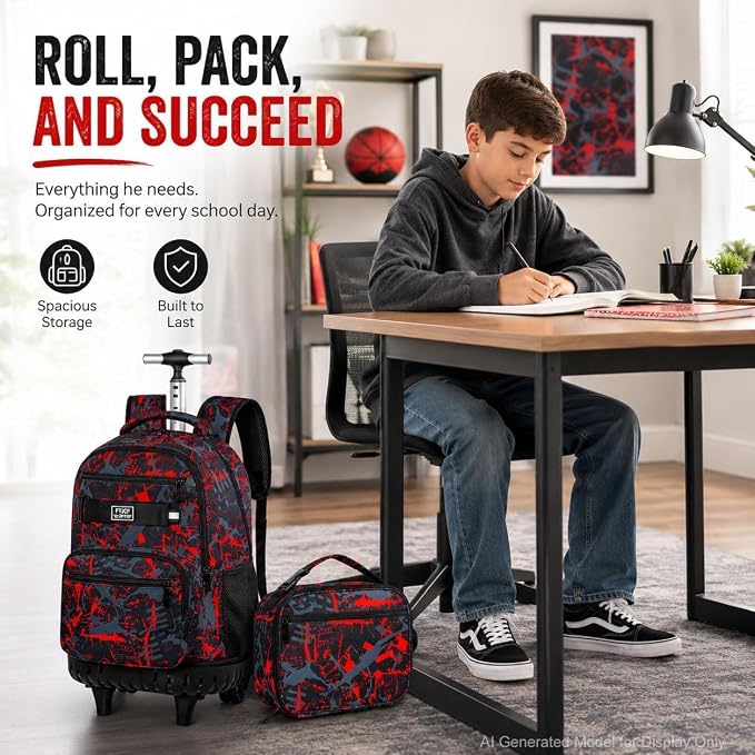 3Pcs Rolling Backpack for Boys, 19 Inche Adults Roller Bag with Wheels, Graffiti Wheeled Bookbag Set for Men(Red) - Image 6