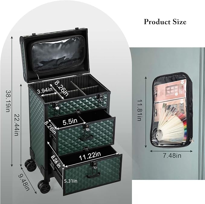 Professional Rolling Makeup Train Case with Drawers, Makeup Case on Wheels, Nail Tech Rolling Cart Storage Organizer Trolley Make up Case for Travel Makeup/Nail Art/Hair Styling, Dark Green - Image 6