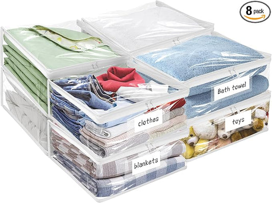 Plastic Storage Bags with Easy-Glide Zipper, Pack of 8, Durable Clear Vinyl Zippered Storage Bags for Clothes Sweaters Comforters Blankets Sheets Bedding (25 x 21 x 11 Inch, White) by Kikerike