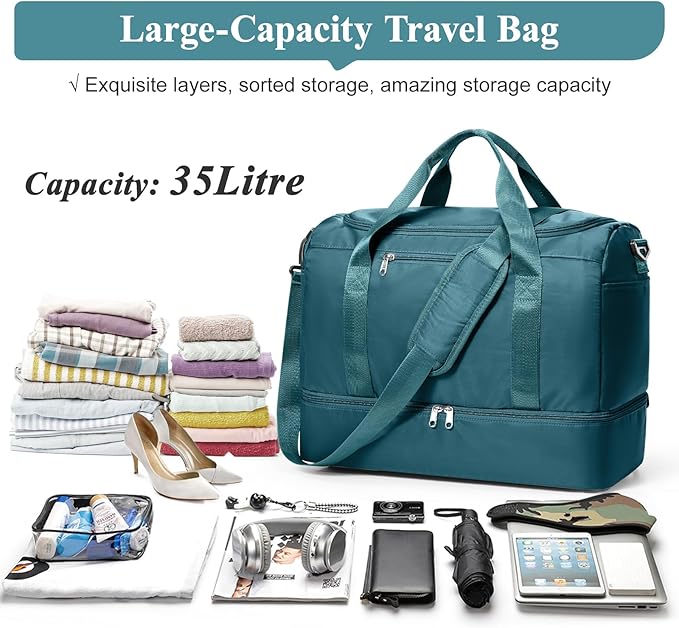 Travel Duffel Bag,Carry-On Overnight Weekender Bags with Shoes Compartment | Travel Bag with Wet Pocket & Luggage Sleeve, For Spirit Airlines 18x14x8 Personal Item Bag,Small,Peacock Blue - Image 3