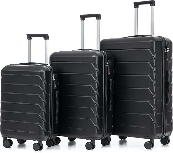 3-Piece ABS Spinner Luggage Set (20" 24" 28") with Combination Lock, Matching Hardshell Suitcases, Black by LUCCALILY