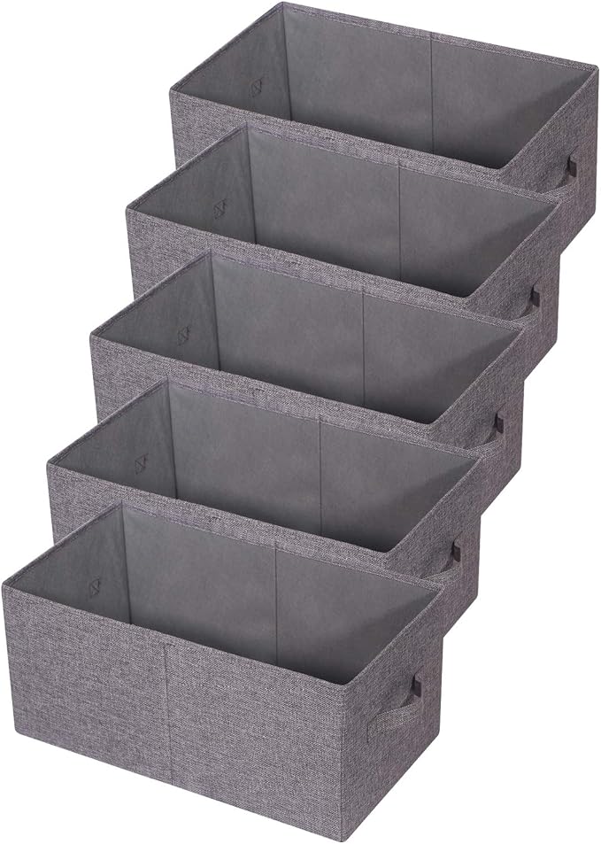 TENABORT Set of 5 Closet Organizer Bins with Handle, Fabric Foldable Storage Baskets Cloth Box Containers for Shelves Home Office Clothes Clothing, Gray, Jumbo by TENABORT