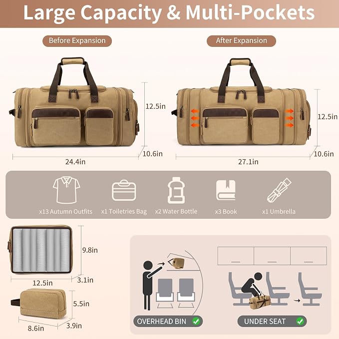 Mens Duffle Bag for Travel 60L Expandable Canvas Weekender Overnight Travel Duffel Bag with Shoe Compartment Carry-On for Airplanes Khaki - Image 4