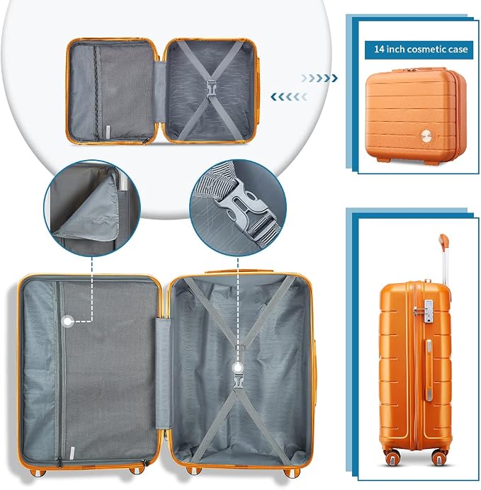 Somago Luggage Sets 3 Piece Hard Shell Polypropylene Suitcase with TSA Lock Spinner Carry On Luggage with Beauty Case Travel Set,Sunset Orange - Image 2