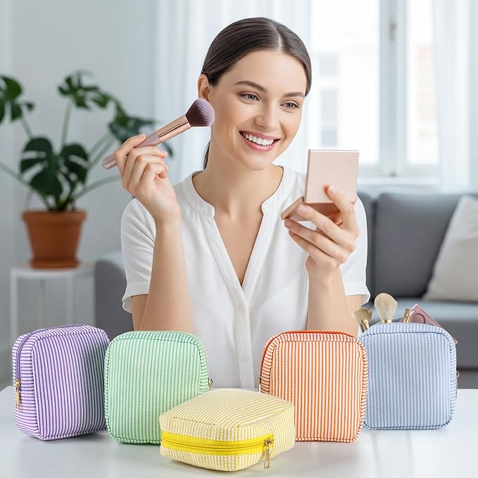 Sanwuta Seersucker Cosmetic Bag Bulk Striped Makeup Bag for Women Aesthetic Cute Travel Toiletry Organizer Preppy Storage Pouch for Wedding Bridesmaid Mother's Day Teacher Gift(Small,Candy Color,9) - Image 5