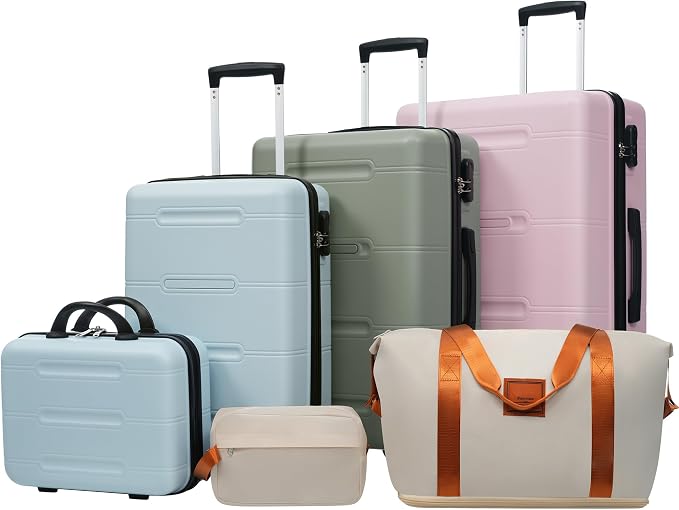 6 Piece Luggage Set Hard Shell - Lightweight Suitcases with Wheels and Duffel Bags for Family Travel, Durable Carry On Luggage Sets with Lock & Small Case for Women and Men (Blue+Green+Pink) by Unknown