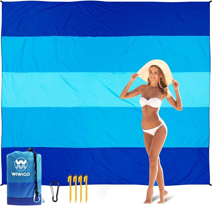 WIWIGO Beach Blanket Sandproof Extra Large Beach Mat Adults Waterproof Quick Drying Sand Free Mat Made by Premium Polyester with 4 Stakes & 4 Corner Pockets for Outdoor Travel Camping Hiking by WIWIGO