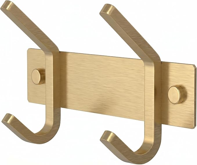 Brushed Gold Small Coat Rack Wall Mount – 6 Inch Stainless Steel Rail with 2 Double Coat Hooks for Entryway, Bathroom, Bedroom, Kitchen – Modern Gold Hook Rack for Coats, Hats, Towels by SAYONEYES