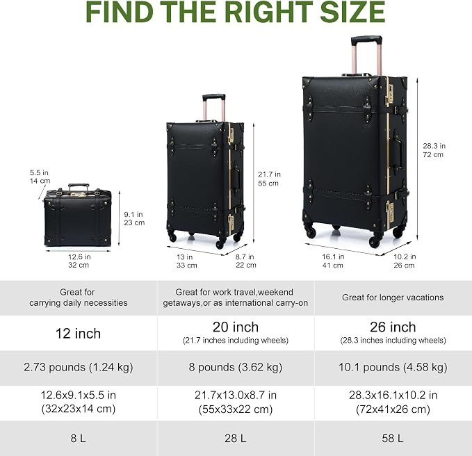 urecity 26" Vintage Luggage Set, 2 Piece Black Retro Checked Suitcase with Cosmetic Case, Luxury Vegan Leather Aluminum Frame Spinner Trunk for Women (with Protective Clear Cover) - Image 7