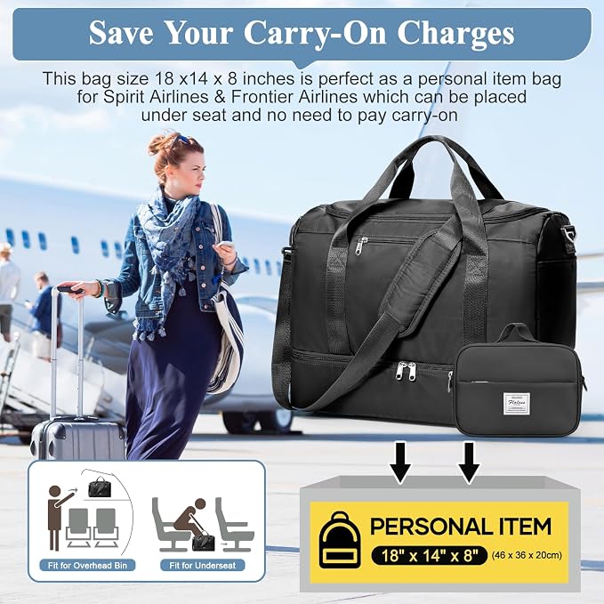 Travel Duffel Bag,Carry-On Overnight Weekender Bags with Shoes Compartment | Travel Bag with Wet Pocket & Toiletry Bag,For Spirit Airlines 18x14x8 Personal Item Bag,Small,Black - Image 9