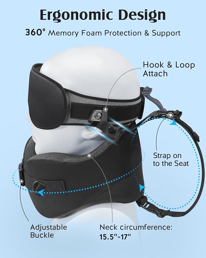 YFONG Travel Pillow for Long Flight Airplane, Head Strap Combo with 3D Contoured Sleep Eye Mask, Neck Pillow for Travel Essential, 360° Support Memory Foam Headrest, Prevent Bobbing, Drawstrap - Black - Image 5