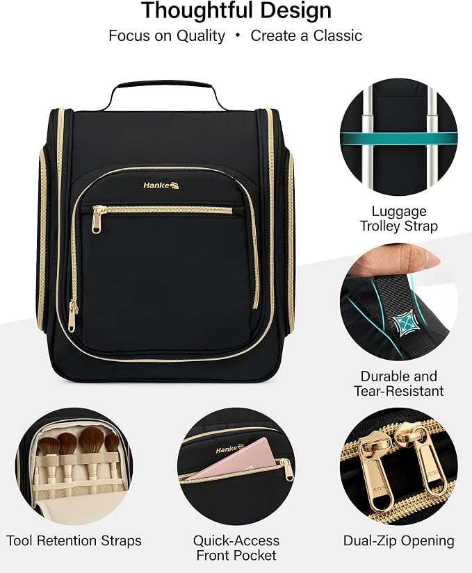 Hanke Hanging Travel Toiletry Bag for Men and Women, Water-Resistant Toiletries Bag Makeup Organizer with Hook, Cosmetic Bag for Bathroom & Travel Essentials Accessories, Black - Image 7
