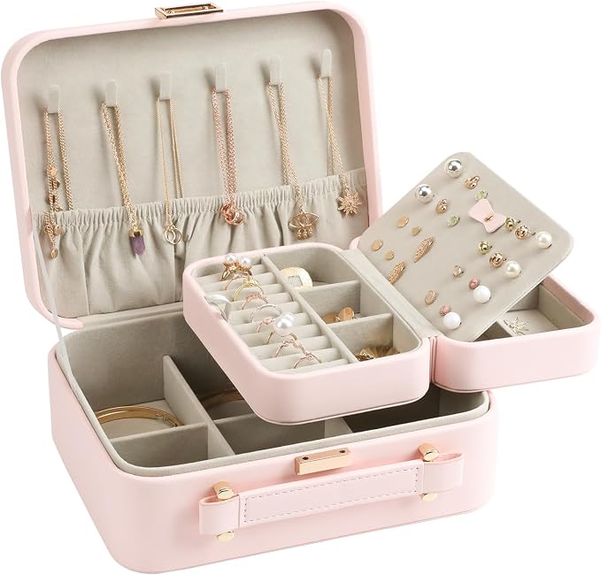 Large Jewelry Travel Organizer, Large Travel Jewelry Box with Removable Jewelry Tray, 2-Layer Jewelry Boxes for Women, Pink - Image 2