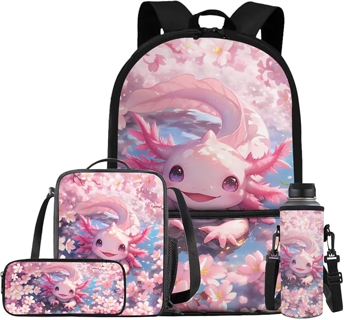 Cherry Blossom Axolotl Backpack for Girls Kids Backpack with Lunch Box Water Bottle Bag and Soft Pencil Case 4PCS Set Bookbag with Front Pocket for School 17" Lightweight Elementary School Bag by ELEDIZI