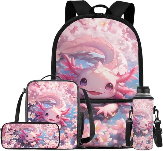 Cherry Blossom Axolotl Backpack for Girls Kids Backpack with Lunch Box Water Bottle Bag and Soft Pencil Case 4PCS Set Bookbag with Front Pocket for School 17" Lightweight Elementary School Bag by ELEDIZI