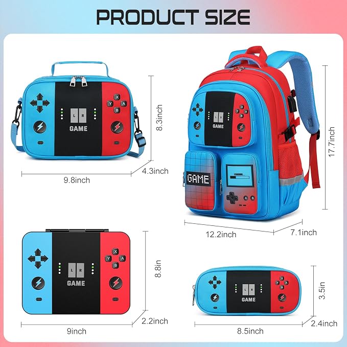 Jafeton School Backpack for Boys, 4 PCS Gamer Boy Backpack Set with Bento Box, Lunch Box & Pencil Pouch, Waterproof Schoolbag for Boys Kids Teens, Elementary Middle School, Kid Bookbag Casual Daypack - Image 2