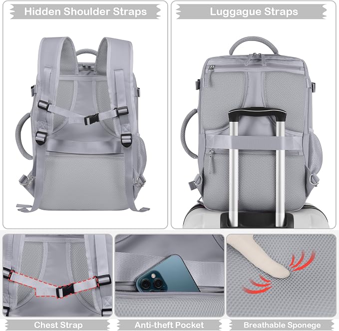 Hanples Travel Backpack for Women, 17 Inch Waterproof Laptop Backpack | 35L Carry on Backpack, TSA Flight Approved Anti Theft Travel Bag, Casual Daypack with 2 Toiletry Bags for Trips, Gray - Image 8