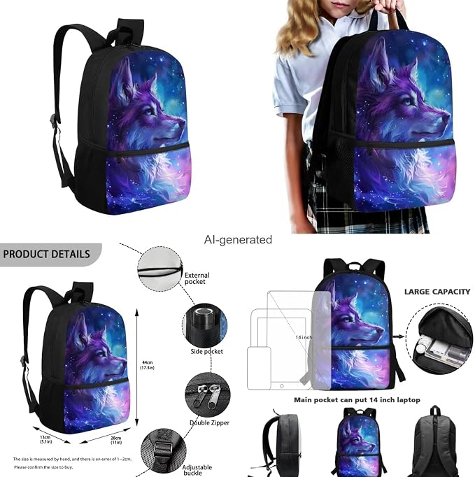 Galaxy Wolf Backpack for Girls Boys Backpack with Lunch Box Water Bottle Carrier and Pencil Pouch 4PCS Set Bookbag with Front Pocket for School 17 inch Large Capacity School Bag for Kids - Image 3
