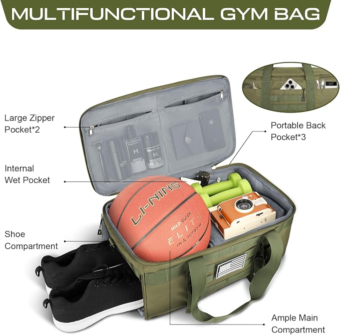 Gym Bags for Men, Large Tactical Duffle Backpack with Shoe Compartment, 3 in 1 Carry on Bag Travel Backpack with Wet Pocket, Weekender Overnight Range Bag for Workout Football Gym, Green - Image 3