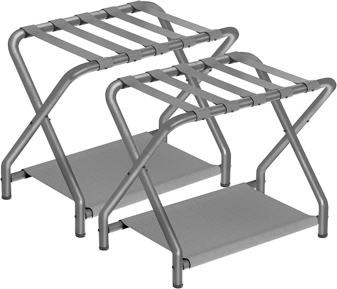 HOOBRO Luggage Rack, Pack of 2, Folding Suitcase Stand with Fabric Storage Shelf for Guest Room, Bedroom, Hotel, Holds up to 100 lb, 27 x 15.3 x 22 Inches, Space Saving, Gray GY04XLP201 by HOOBRO