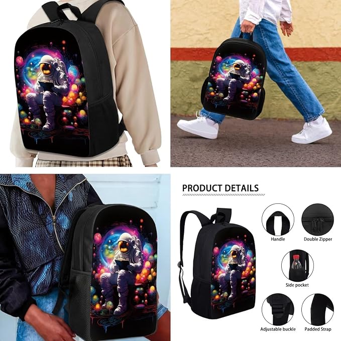 Mumeson Colorful Bubble Astronaut Backpacks Big Capacity Bookbag School Bags Set Portable Insulated Lunch Bag with Side Mesh Pocket Small Pencil Case Back to School Supplies 3 Pack Set - Image 5
