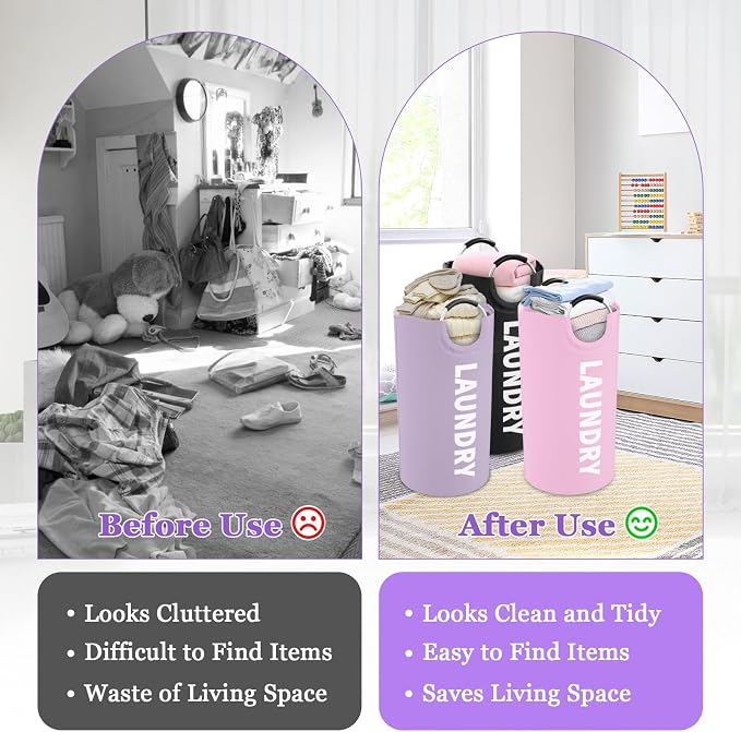 3Pack Folding Clothes Hamper with Handles, 95L Tall Laundry Basket Organizer, Durable Laundry Bags, Large Dirty Clothes Hamper for Family, Travelling, Camping, Purple + Pink + Black - Image 7