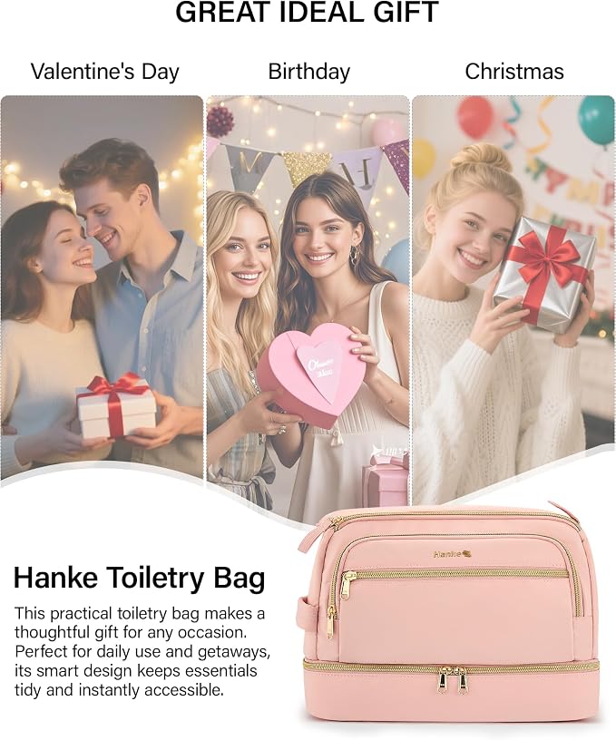 Hanke Travel Toiletry Bag, Lightweight Wide-open Makeup Bag, Dual-Layer Travel Bag for Toiletries Water-Resistant Cosmetic Bags Large Toiletry Bags for Women & Men, Travel Essentials, Pink - Image 9