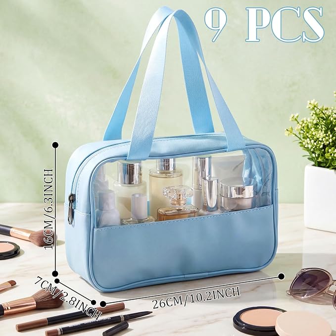 Buryeah Translucent Make up Bag Toiletry Organizer for Women Men Waterproof Portable Cosmetic Travel Bag with Hanging Handles Travel Storage Carry Pouch Gifts for Bridesmaid (9 Pcs,Blue) - Image 2