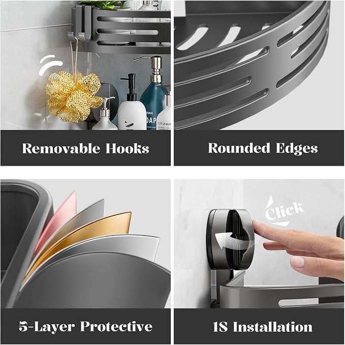 Suction Cup Shower Caddy,No Drilling Corner Shower Shelves Heavy Duty,Shower Organizer with Hooks,Rustproof Waterproof Space Aluminum Bathroom Storage,Home Accessories Decor - Image 8