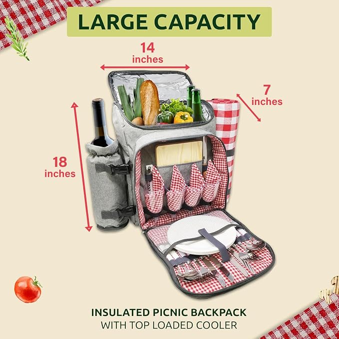 Nature Gear Picnic Backpack for 4, Insulated Picnic Set with Dinnerware, Wine Cooler, Blanket & Cutlery Service, Waterproof Outdoor Bag for Beach, Camping, Travel & Park, Red - Image 2