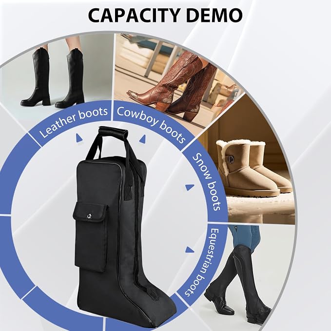 Portable Riding Boot Bag for Tall Boot, Oxford Equestrian Boot Bag with Handle, Cowboy Boot Travel Bag with Outer Pocket for Cowboy Boots, Snow Boots, Travel and Daily Use - Image 3