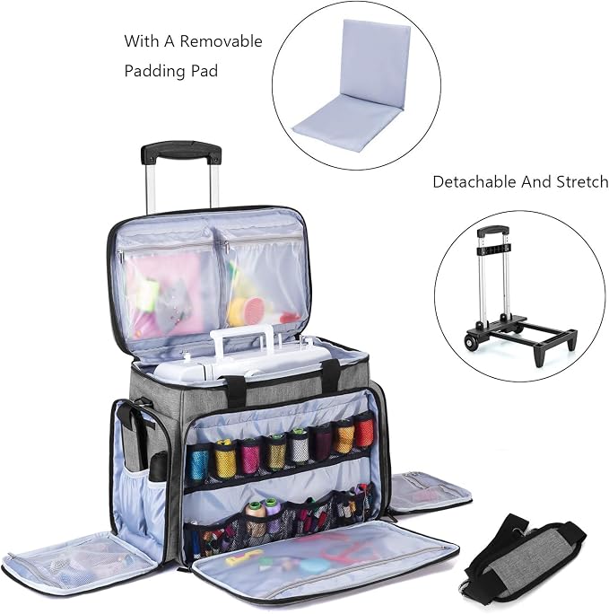 LUXJA Sewing Machine Case with Detachable Dolly, Gray | Rolling Tote with Removable Bottom Pad for Most Standard Sewing Machines, Patented Design - Image 2