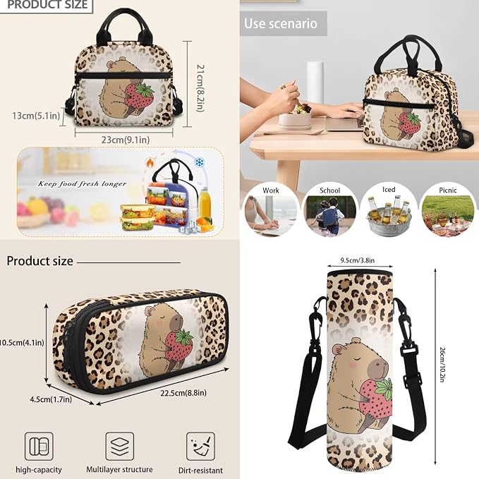 Cartoon Capybara Leopard Strawberry School Backpack Set Travel Bookbag Daypack for Kids Girls Boys Lunch Tote Bag Box Water Bottle Sleeve Pen Pencil Case Bags for Back to School - Image 6