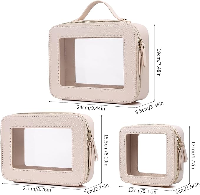 Clear Makeup Bag Set 3 Piece Travel Case for Cosmetics and Toiletries Women's Makeup Organizer and Car Essential with Zipper (Beige, L+M+MINI) - Image 5