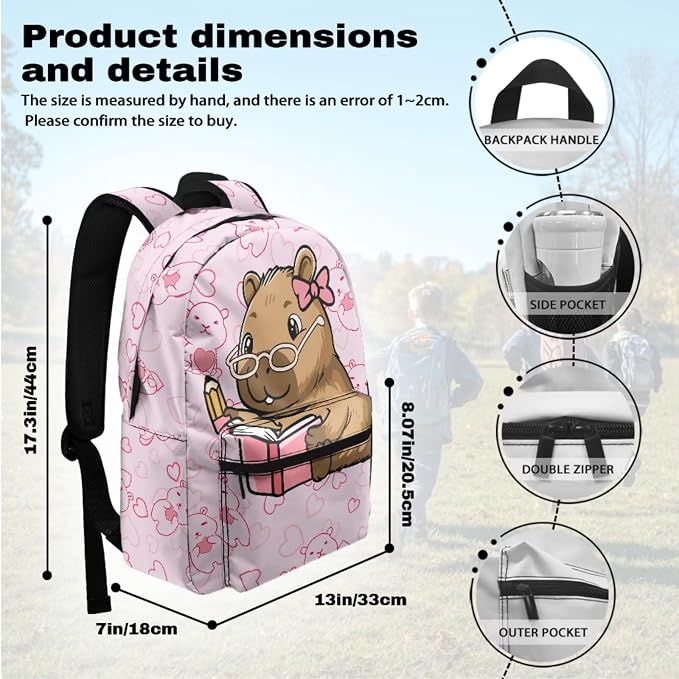 Learning Capybara School Bags for Girls 10-12 7-10 Cute Girls Backpack and Lunch Box Set of 4 Backpack for Elementary Middle School Lightweight 17 Inch Bookbag Daypack - Image 3