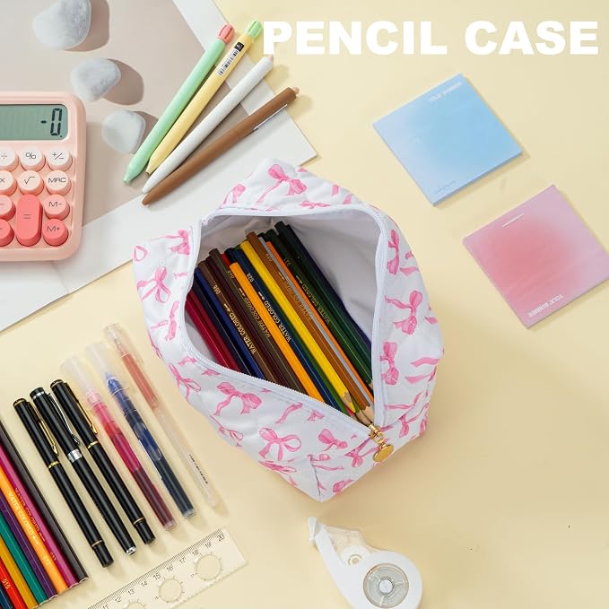 Makeup Bag Travel Toiletry Bag for Women, Small Cosmetic Bags Cute Quilted Cotton Makeup Pouch for Purse Emergency Bag Pencil Case Accessory Bag, Ribbon Bow - Image 6