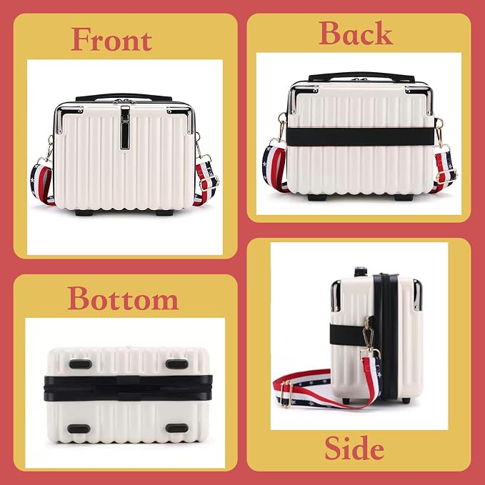 Mini Suitcase Hard Shell Makeup Case Stress-Resistant ABS Hard Makeup Travel Case Portable Hand Luggage with Shoulder Strap for Travel Camping Home Organizer White - Image 6