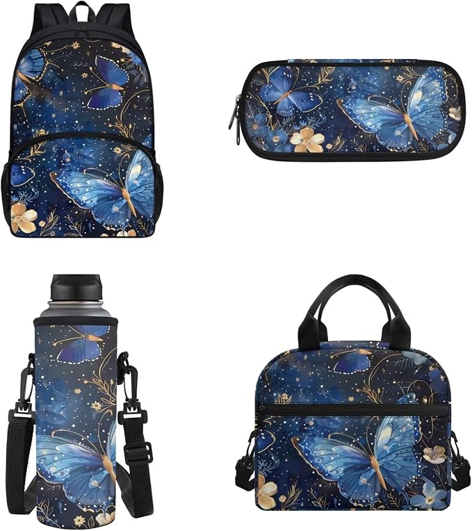 4Pcs Children School Backpack Set Girl's Butterfly Schoolbag Sets Big Capacity Bookbag with Lunch Box Pencil Case Water Carrier Pouch for Primary,Kindergarten by Chririnla