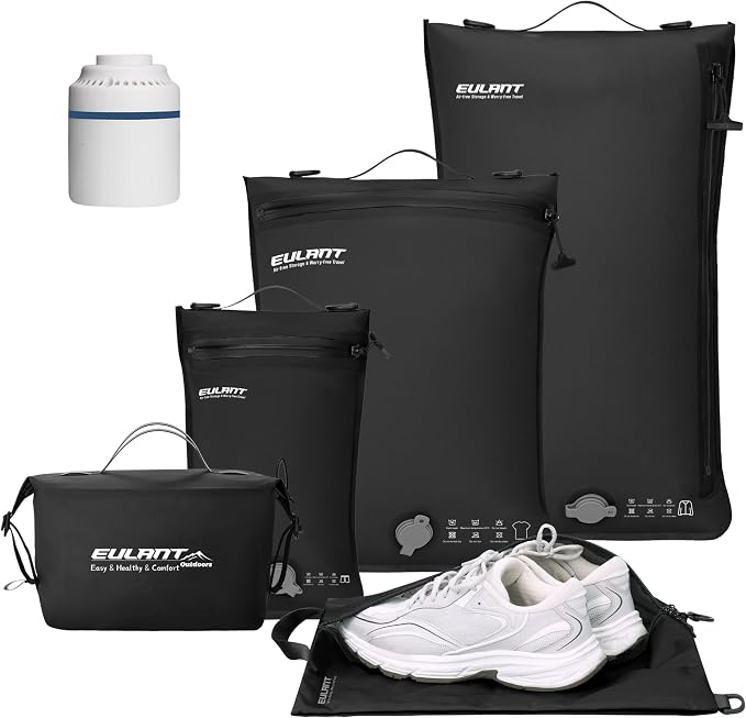 Eulant 5 Set Vacuum Packing Bags for Travel With Pump,Professional IPX8 Zip Packing Organizer for Suitcases Backpack,Space Saver Bags Packing Organizers for Clothing Packing(5 Set,Black) by EULANT