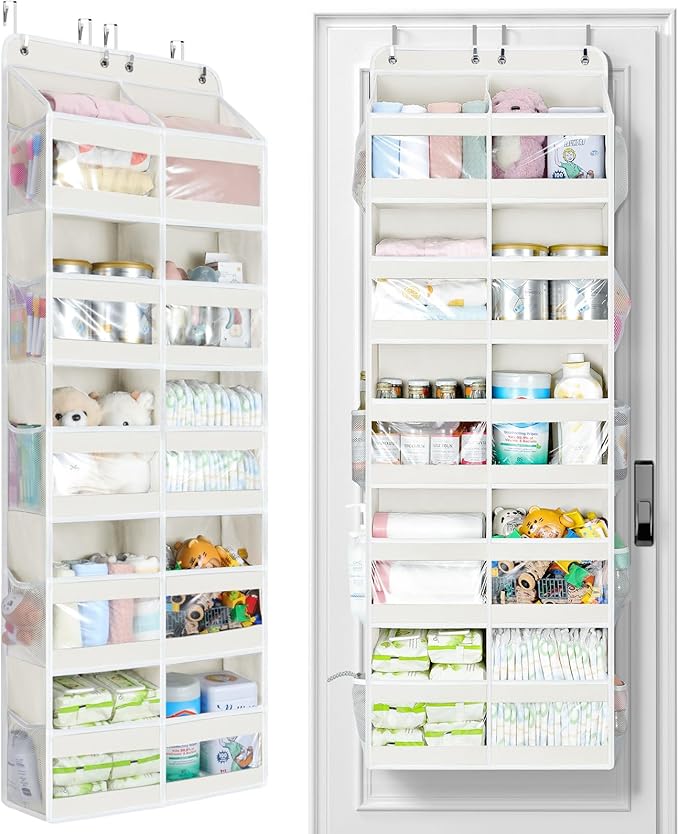 Yecaye 5-Tier Over The Door Organizer Dual-Column, 80lbs Load Extra Large Over the Door Storage of 10 Compartments, Heavy Duty Door Organizer Hanging for Dorm Bathroom Pantry, Cream White 2 Pack by Yecaye