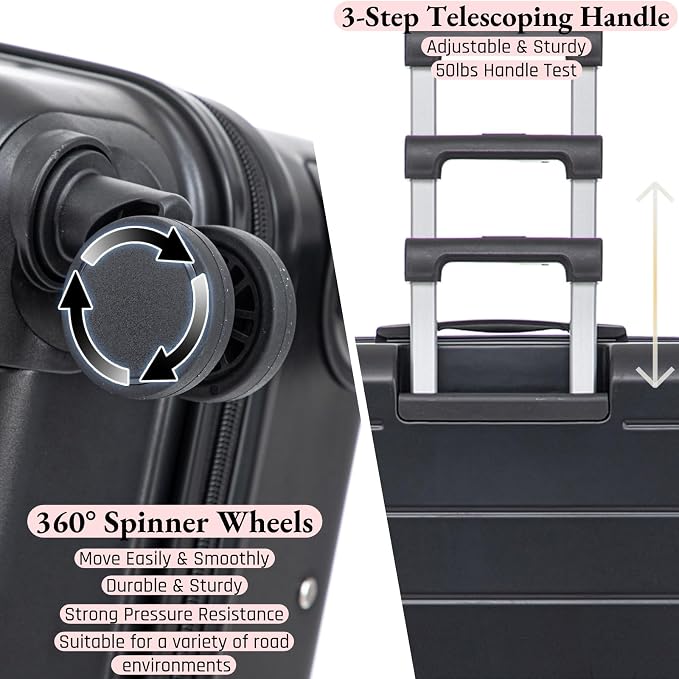 3-Piece ABS Spinner Luggage Set (20" 24" 28") with Combination Lock, Matching Hardshell Suitcases, Black - Image 4