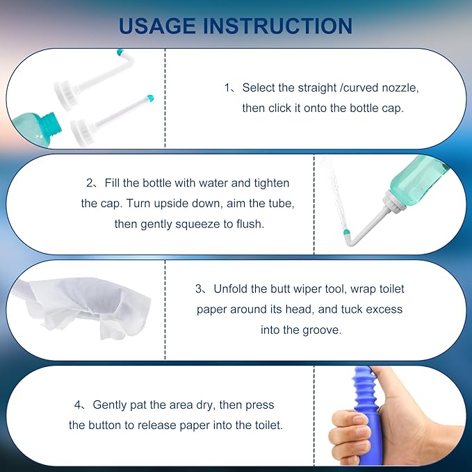 Foldable Toilet Aids Set for Wiping – 2PCS Personal Hygiene Kit with Collapsible Butt Wiper Tool & Dual-Nozzle Peri Bottle , Wiping Aid for Post-Surgery Recovery, Elderly and Travel Use (Blue, Ultra)