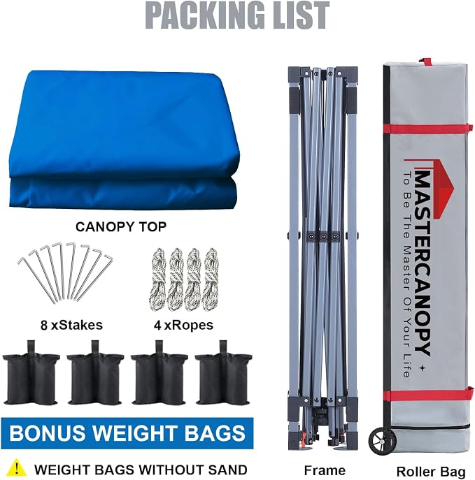 MASTERCANOPY 10x10 Pop Up Canopy Tent, 1 Person Setup Instant Shelter,Outdoor Portable Beach Canopy with Roller Bag, 4 Sandbags, 4 Ropes, 8 Stakes (10x10, Blue) - Image 6