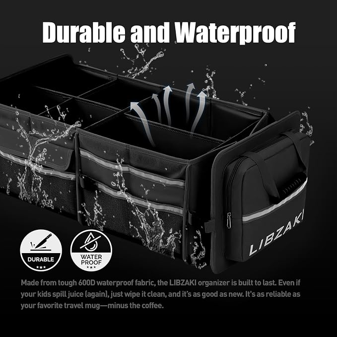 LIBZAKI Oversize 4 in 1 Car Trunk Storage Organizer, Multi Compartment Collapsible Trunk Storage Box with Cooler Bag for Car Truck SUV-Black - Image 2