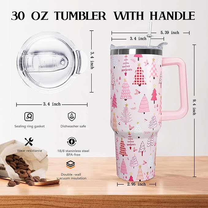 30 Oz Pink Christmas Tree Tumbler With Handle,Pink Coffee Travel Mug Cup Water Bottle,Christmas Tree Decor,Christmas Gifts for Women