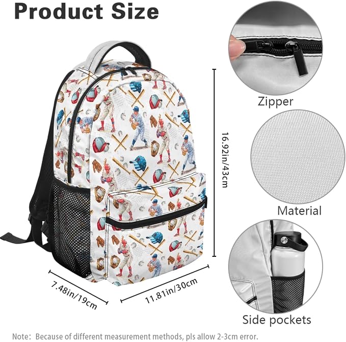 Vintage Baseball Player Backpack & Lunch Box 4-in-1 Set, School Bag with Pencil Case & Dinosaur Charm 17 Inch Backpack for School Sports Team Large Capacity Bookbag for Girls 6th 7th Grade - Image 4
